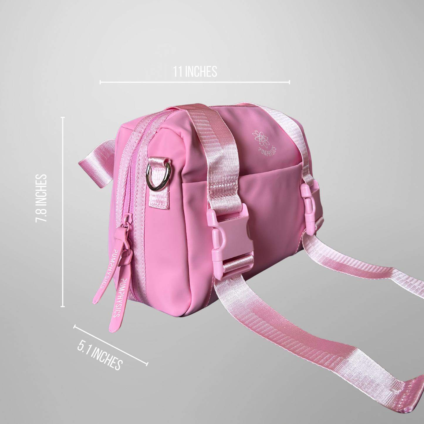 Pink mini gym bag with measurements