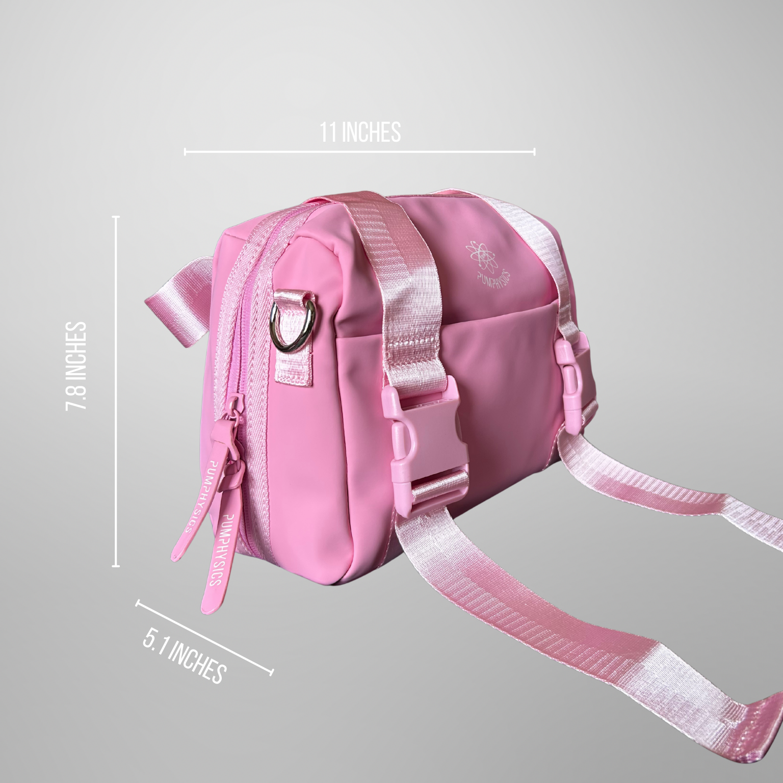 Pink mini gym bag with measurements