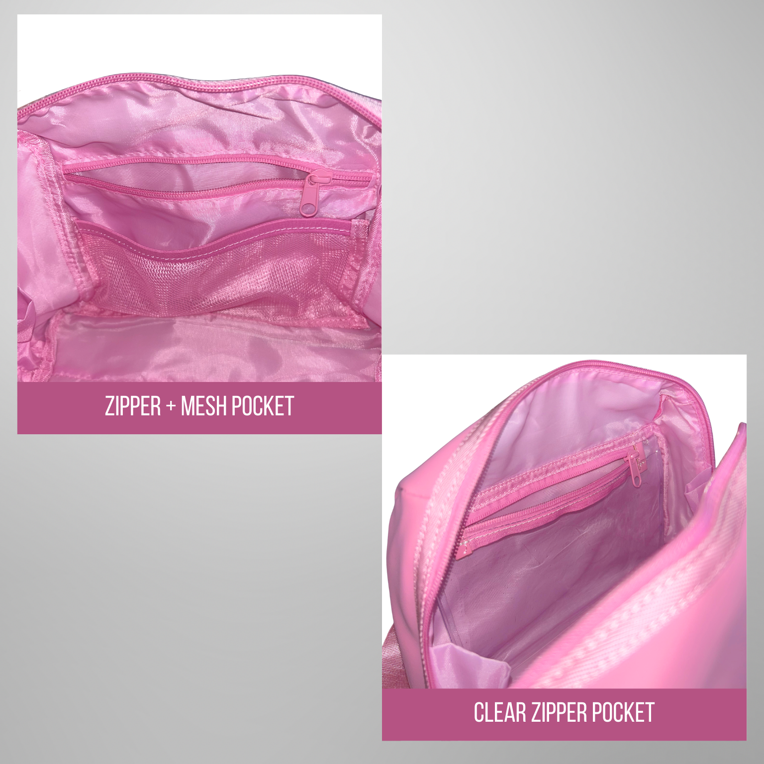 Pink gym bag with zipper and mesh pocket on a gray background